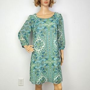 a.n.a. Drexs Shift Chiffon Blue & Apple Green Paisley Print  Sz M  Whimsy